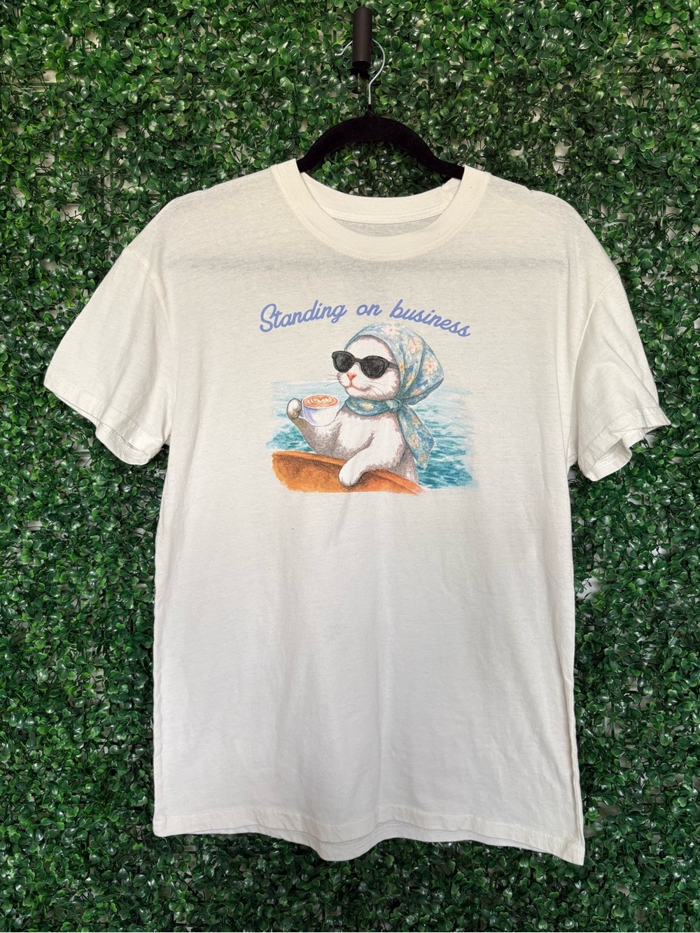 Women's White 'Standing on Business' Cat Graphic Tee